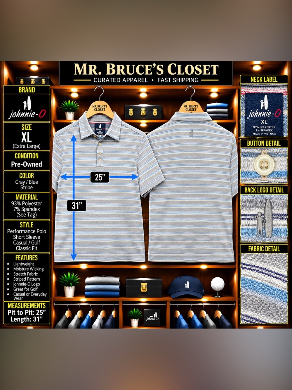 johnnie-O Gray and Blue Striped Performance Polo